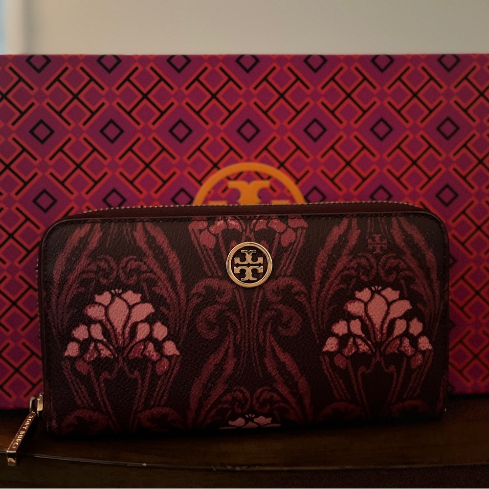 Tory Burch Burgundy and Pink Floral Wallet